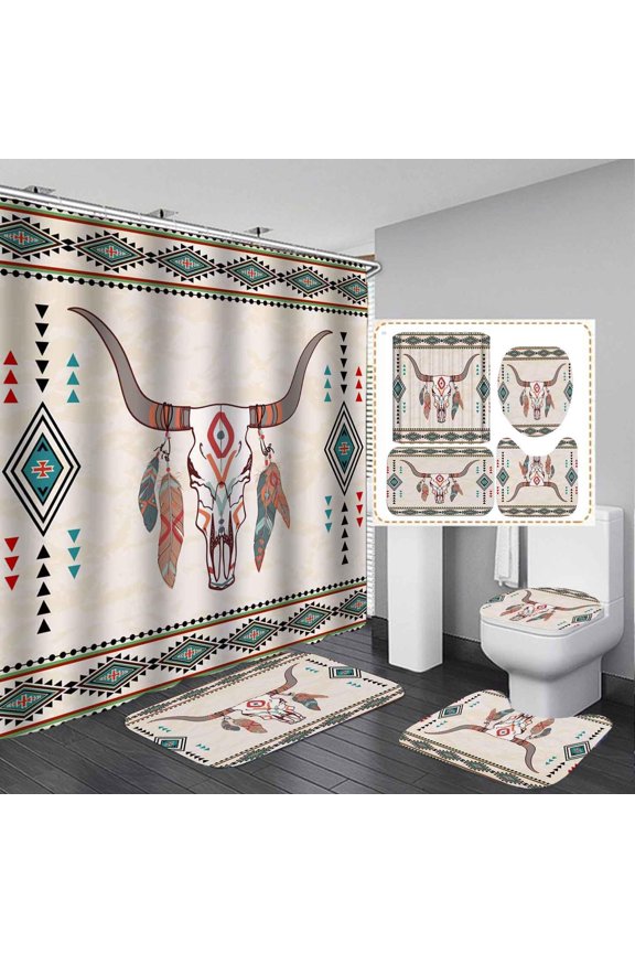 4PCS Western Shower Curtain Set, Waterproof Fabric Black Shower Curtain, Non-Slip Bath Mat Bathroom Rugs, Boho Cow Bull Skull Cactus Aztec Tribal Abstract Geometric Southwest Bathroom Decor