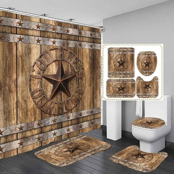 4PCS Western Shower Curtain Set, Bless Our Home Vintage Texas Barn Star Vintage Brown Wooden Barn Door Garage Door Country Rustic Farmhouse Bathroom Decor, Non-Slip Bath Mat Toilet Rug