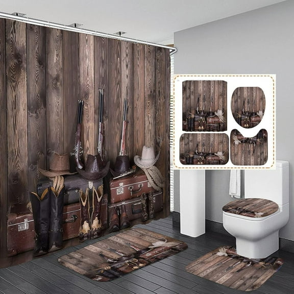 4PCS Western Shower Curtain Set, Brown Barn Door Texas Star Rodeo Cowboy Hat Riding Boots Ranch Wild West Country Rustic Farmhouse Bathroom Decor Fabric Shower Curtain Non-slip Bath Mat