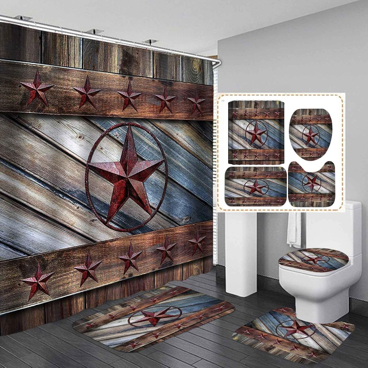 4PCS Western Shower Curtain Set, Brown Wooden Barn Door Garage Door