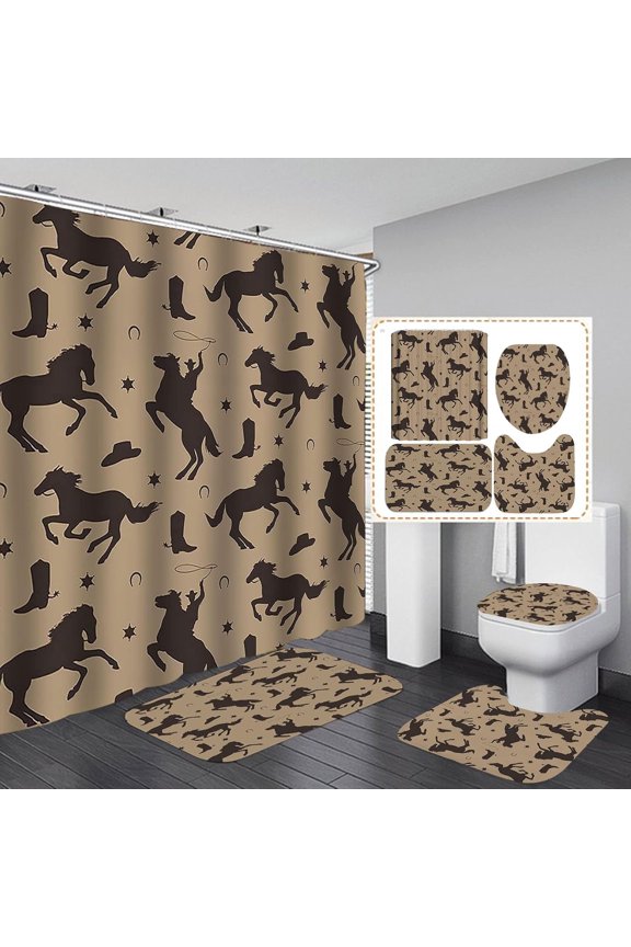 4PCS Cowgirl Shower Curtain Set, Groovy Funky Disco Horseshoe Cowboy Hat Boots Wild West Western Bathroom Decor, Waterproof Fabric Pink Shower Curtain, Non-Slip Bath Mat Toilet Rug