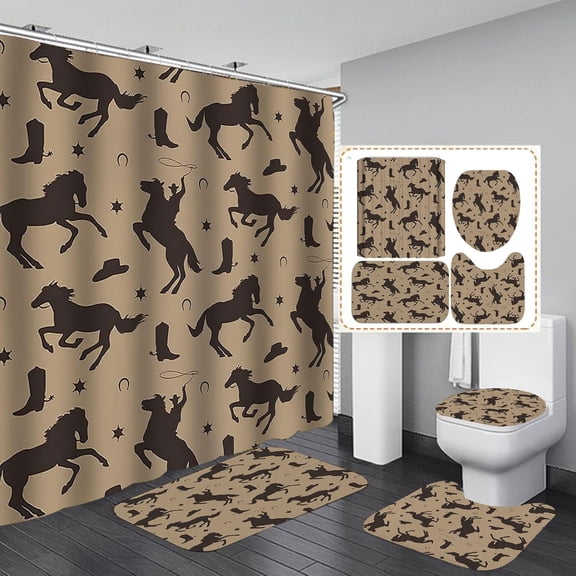 4PCS Cowgirl Shower Curtain Set, Groovy Funky Disco Horseshoe Cowboy Hat Boots Wild West Western Bathroom Decor, Waterproof Fabric Pink Shower Curtain, Non-Slip Bath Mat Toilet Rug