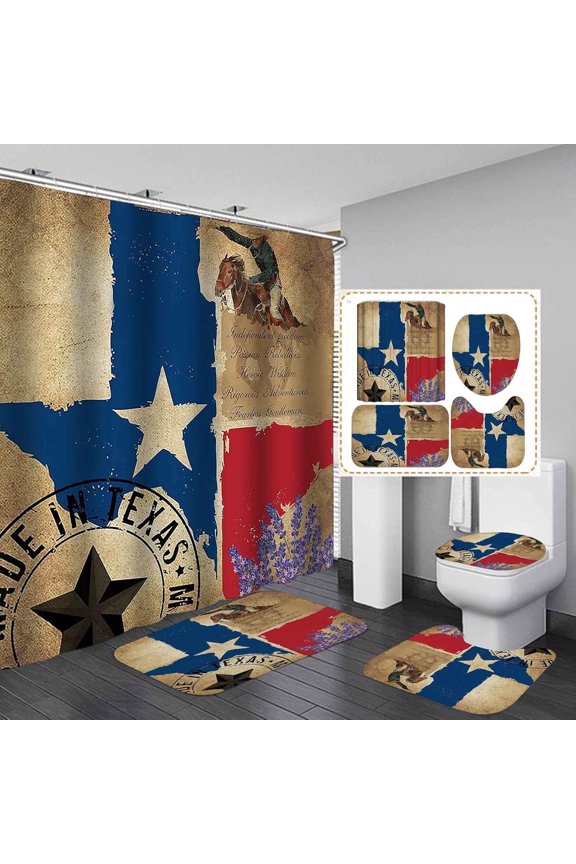 4PCS Western Shower Curtain Set, Rodeo Cowboy Boots Hat Horseshoe Barn Texas Star Wild West Country Rustic Farmhouse Bathroom Decor, Waterproof Fabric Shower Curtain, Non-slip Bath Mat
