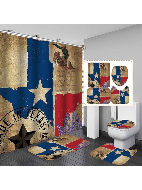 4PCS Western Shower Curtain Set, Rodeo Cowboy Boots Hat Horseshoe Barn Texas Star Wild West Country Rustic Farmhouse Bathroom Decor, Waterproof Fabric Shower Curtain, Non-slip Bath Mat