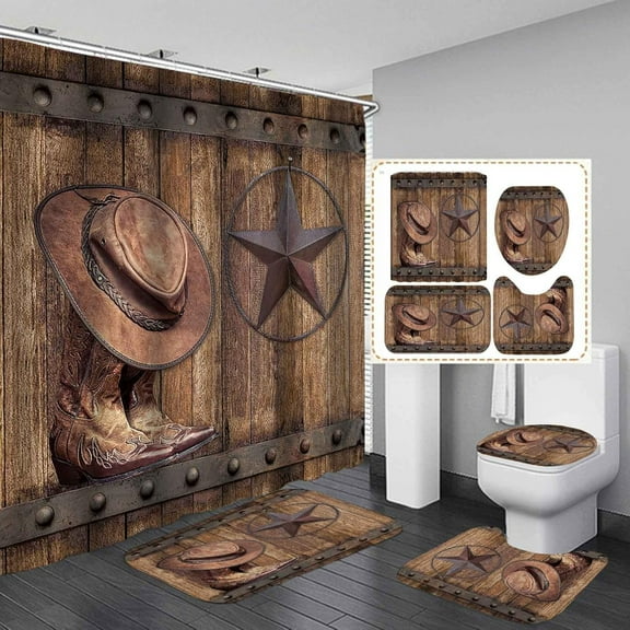 4PCS Western Shower Curtain Set, Rodeo Cowboy Boots Hat Horseshoe Barn Texas Star Wild West Country Rustic Farmhouse Bathroom Decor, Waterproof Fabric Shower Curtain, Non-slip Bath Mat