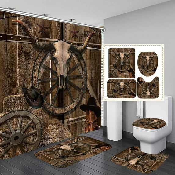 4PCS Western Shower Curtain Set, Rodeo Cowboy Hat Boots Shotgun Guitar Wagon Wheel Hay Bales Ranch Wild West Brown Rustic Barn Door Country Bathroom Decor, Non-slip Bath Mat, Farmhouse
