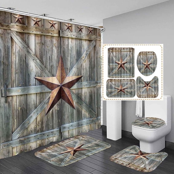 4PCS Western Shower Curtain Set, Texas Star Barn Star Brown Garage Wooden Barn Door Country Rustic Farmhouse Bathroom Decor Waterproof Fabric Shower Curtain Non-slip Bath Mat Toilet Rug