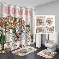 4PCS Western Shower Curtain Set, Waterproof Fabric Black Shower Curtain, Non-Slip Bath Mat Bathroom Rugs, Boho Cow Bull Skull Cactus Aztec Tribal Abstract Geometric Southwest Bathroom Decor