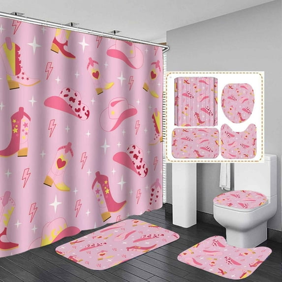 4PCS Western Shower Curtain Set, Waterproof Fabric Black Shower Curtain, Non-Slip Bath Mat Bathroom Rugs, Boho Cow Bull Skull Cactus Aztec Tribal Abstract Geometric Southwest Bathroom Decor
