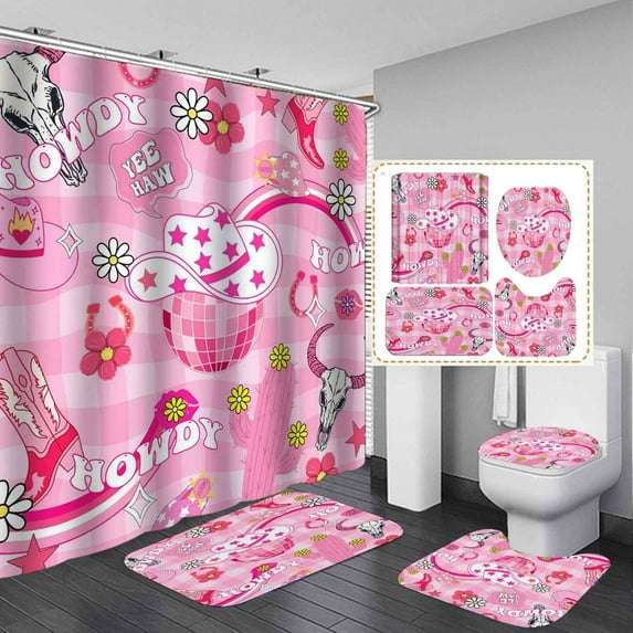 4PCS Western Shower Curtain Set, Waterproof Fabric Pink Shower Curtain, Non-Slip Bath Mat Bathroom Rugs, Yellow Hot Pink Cowboy Boots Hat Preppy Bathroom Decor, Cowgirl Gifts for Women Girls
