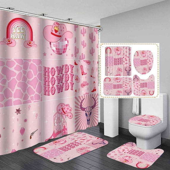 4PCS Howdy Cowgirl Shower Curtain Sets, Waterproof Fabric White Pink Shower Curtain, Non-Slip Bath Mat Bathroom Rugs, Western Cowboy Hat Cow Print Preppy Teen Girls Kids Women Bathroom Decor