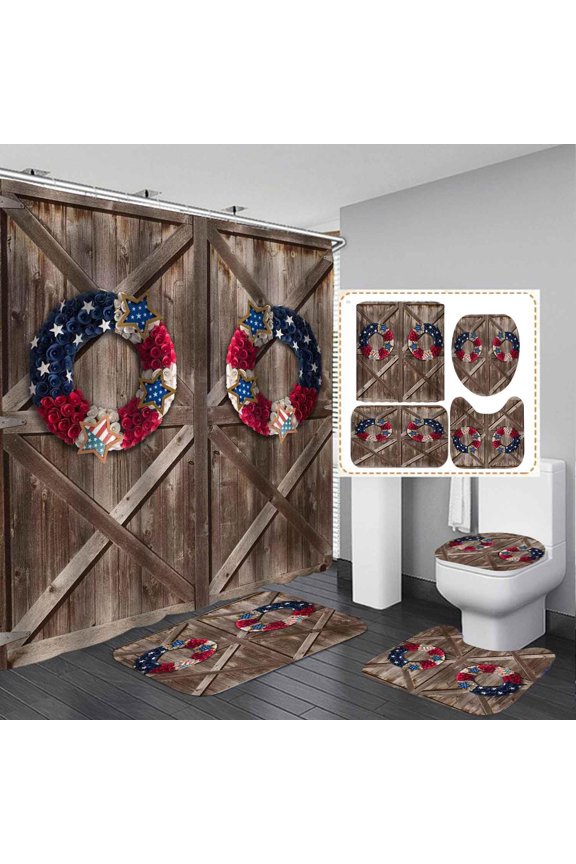 4PCS Fall Western Barn Door Shower Curtain Sets with Rugs, Waterproof Fabric Shower Curtain, Autumn Harvest Pumpkin Sunflower Maple Leaves Wreath Thanksgiving Country Farmhouse Bathroom Decor