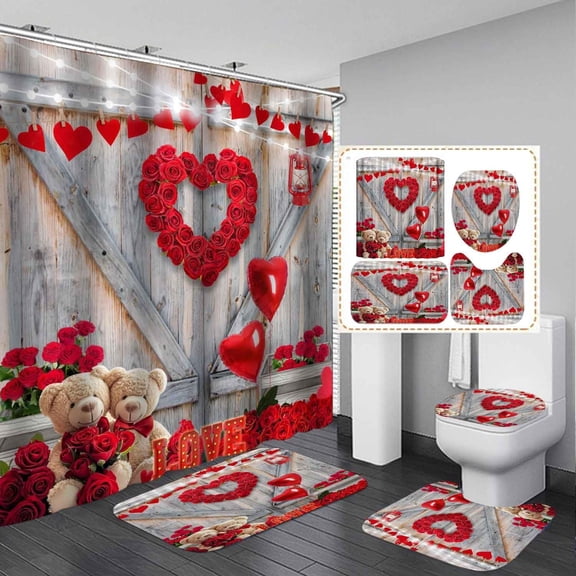 4PCS Western Shower Curtain Sets With Rugs, Waterproof Fabric Brown Shower Curtain, Country Barn Door Cow Skull Cowboy Boots Hat Sunflower Floral Leaf Wild West Rustic Farmhouse Bathroom Decor