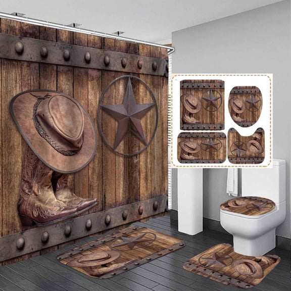 4PCS Western Shower Curtain Sets With Rugs, Waterproof Fabric Brown Shower Curtain, Country Barn Door Cow Skull Cowboy Boots Hat Sunflower Floral Leaf Wild West Rustic Farmhouse Bathroom Decor
