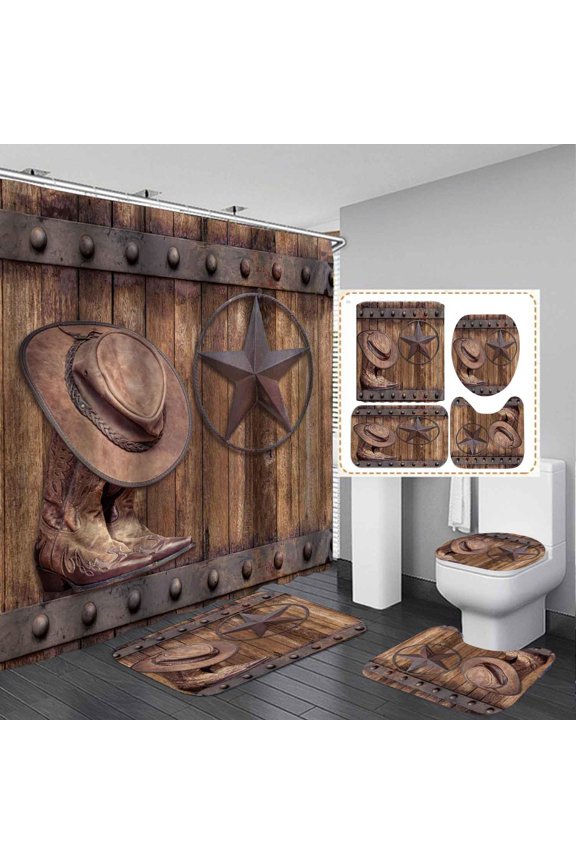 4PCS Western Shower Curtain Sets With Rugs, Waterproof Fabric Brown Shower Curtain, Country Barn Door Cow Skull Cowboy Boots Hat Sunflower Floral Leaf Wild West Rustic Farmhouse Bathroom Decor