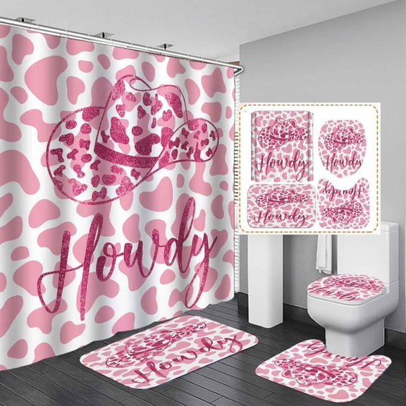 4PCS Western Shower Curtain Set, Waterproof Fabric Black Shower Curtain, Non-Slip Bath Mat Bathroom Rugs, Boho Cow Bull Skull Cactus Aztec Tribal Abstract Geometric Southwest Bathroom Decor