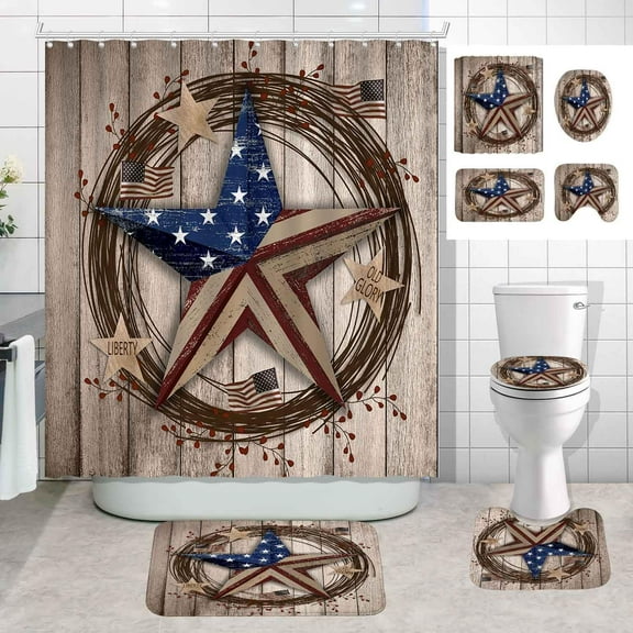 4PCS Western Texas Star Shower Curtain Set, Blue Red White Barn Star Brown Barn Door Country Rustic Farmhouse Bathroom Decor, Waterproof Fabric Shower Curtain, Non-slip Bath Mat Toilet Rug