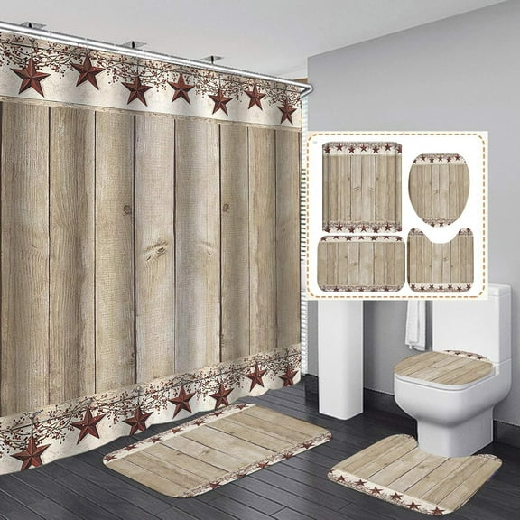4PCS Western Texas Star Shower Curtain Sets with Rugs, Waterproof Fabric Shower Curtain, 4th of July American Flag Patriotic Berry Wreath Primitive Vintage Barn Door Farmhouse Bathroom Decor