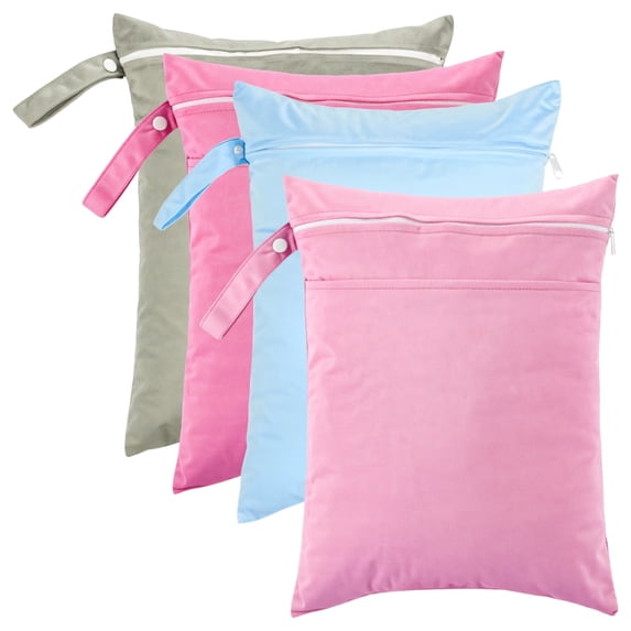 4PCS Wet Bags Set, Double Zipper Waterproof Nappy Bag, 11.8" x 15.7", Swim Wet Bags with Handle, Reusable Wet Dry Bags for Cloth Nappies, Travel