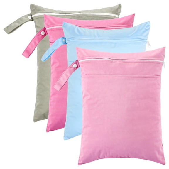 4PCS Wet Bags Set, Double Zipper Waterproof Nappy Bag, 11.8" x 15.7", Swim Wet Bags with Handle, Reusable Wet Dry Bags for Cloth Nappies, Travel