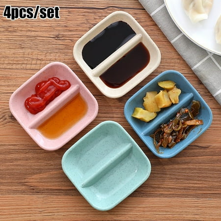 4PCS Wheat Straw 2 Holder Small Plates Food Snack Dish Sauce Food Container