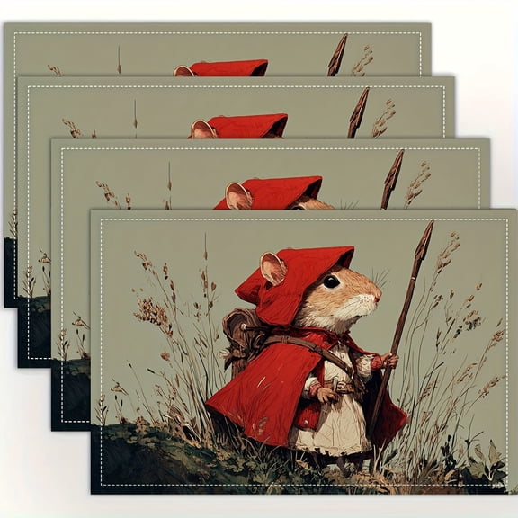 4PCS, Whimsical Little Red Riding Rodent Design placemats, These Placemats Are Perfect for Your Dining Table,Kitchen,Parties,Indoor Gatherings, Holidays,Dinner Events, And Home Decoration.12X18 Inch