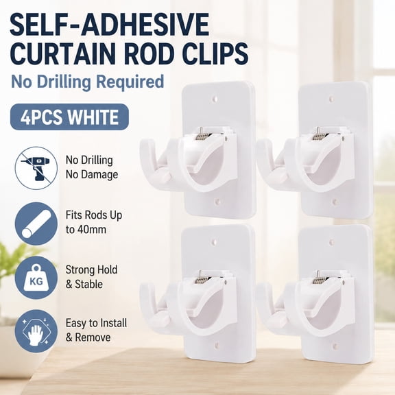 4PCS White Curtain Rod Brackets, No Drill, Adhesive Mount, Fits 0.6 to 1.5 Inch Rods, Durable ABS & Stainless Steel Wall Support