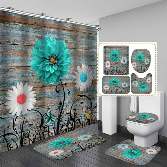 4PCS White Daisy Shower Curtain Set, Butterfly Spring Floral Flower Black Botanical Plant Country Rustic Farmhouse Bathroom Decor, Waterproof Fabric Shower Curtain, Non-slip Bath Mat