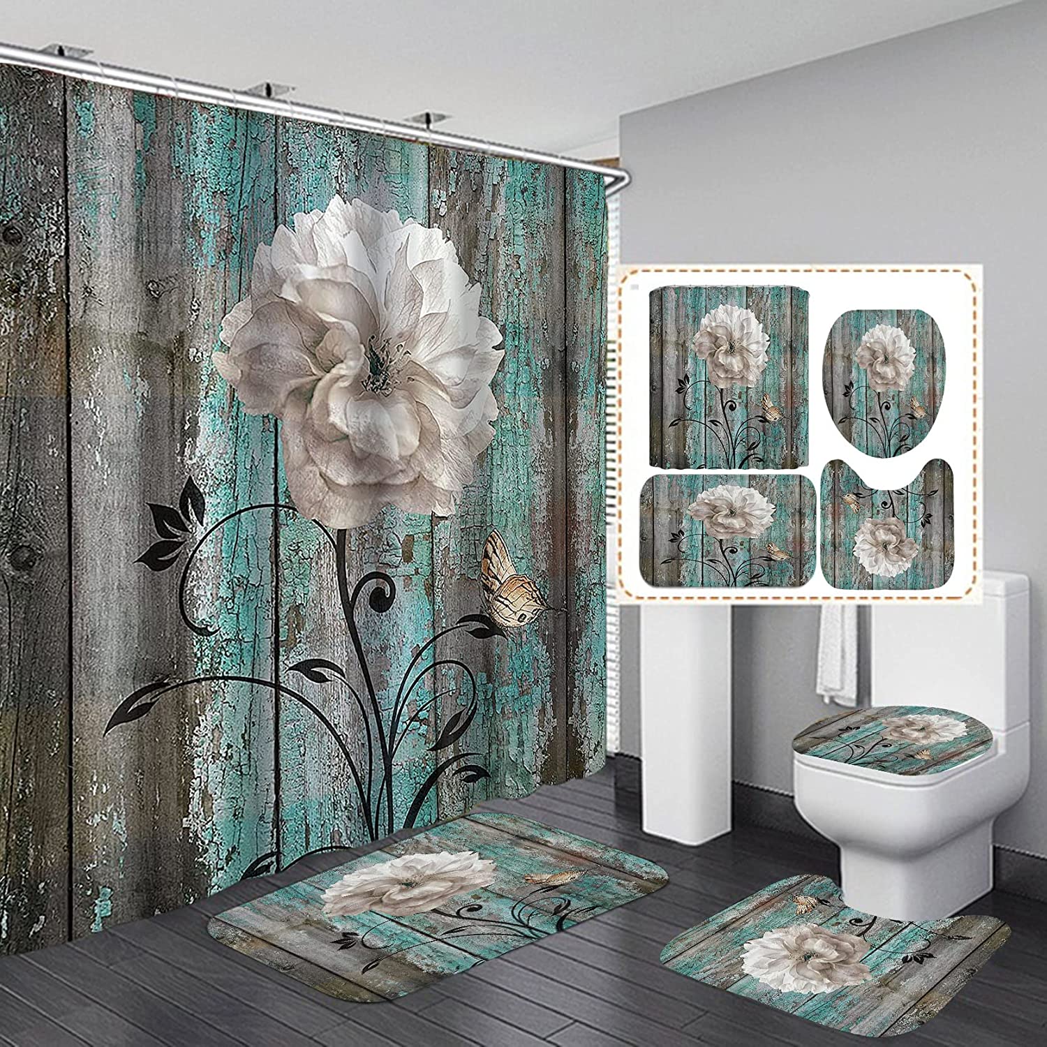 4PCS White Flower Shower Curtain Floral Art Vintage Rustic Teal Brown ...