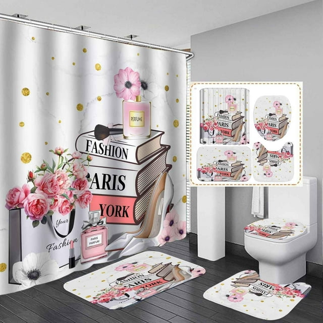 4PCS White Marble Fashion Shower Curtain Sets with Rugs, Waterproof