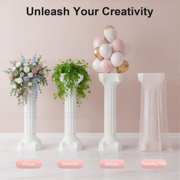 4PCS White Roman Column Pillars, Plastic Wedding Roman Column Stand Set, Elegant Greek Columns Statue Flower Pot Columns Stand For Wedding, Event & Party Backdrop Decor (27*27*88 CM)