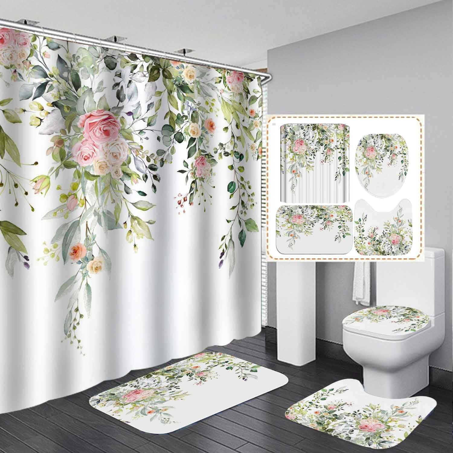 4 PCS 3D Flower Shower Curtain Waterproof Bath Curtain Non-Slip Bathroom Rugs Bath Mat Set