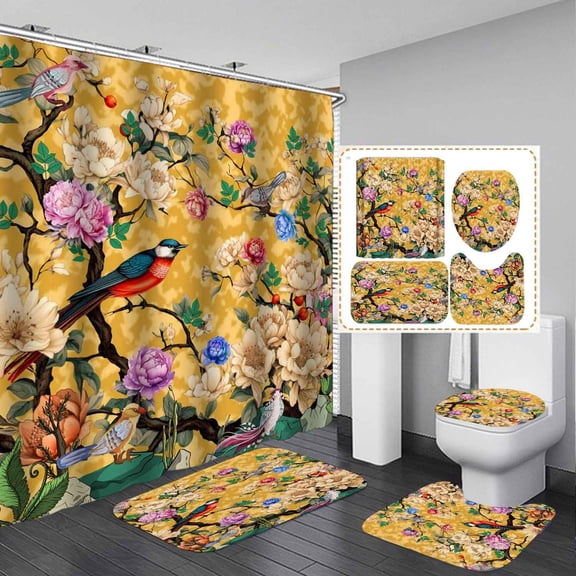 4PCS White Teal Daisy Floral Shower Curtain Set, Waterproof Fabric Grey Shower Curtain, Non-Slip Bath Mat Bathroom Rugs, Turquoise Butterfly Black Plant Raindrop Modern Flower Bathroom Decor