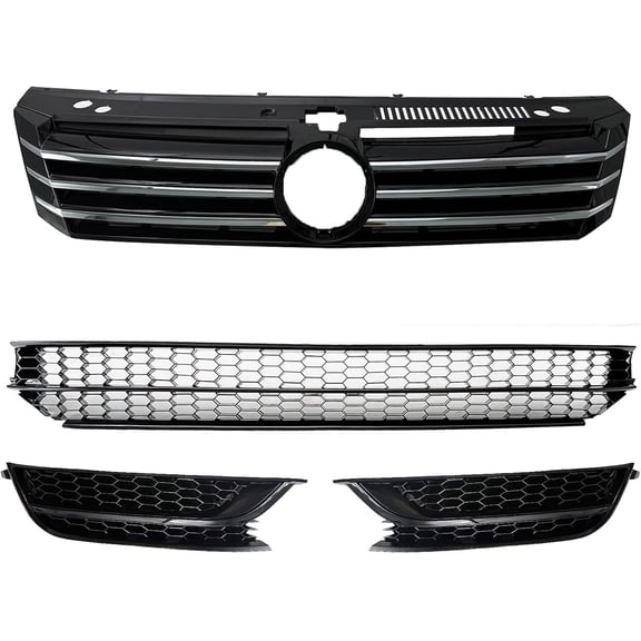 4PCS Whole Front Bumper Lower & Upper Grille & Black Fog Light Cover Bezel without Hole Compatible with 2012 2013 2014 2015 Volkswagen VW Passat,Honeycomb Grill Cover Set w/Chrome Trim