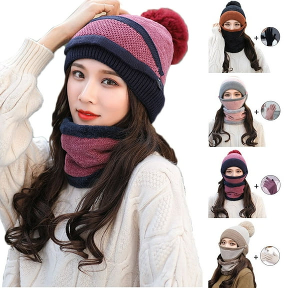 4PCS Winter Hat Scarf Set for Women Knit Fleece Lining Beanie Scarf Mouth Cover Glove Set