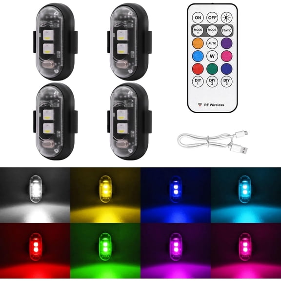 Wireless LED Strobe Lights with Remote Control, 8 Colors USB Charing Waterproof Anti-Collision Led Emergency Warning Lights for Car Motorcycle Drone Aircraft Bike,4 lamp+1 remote control
