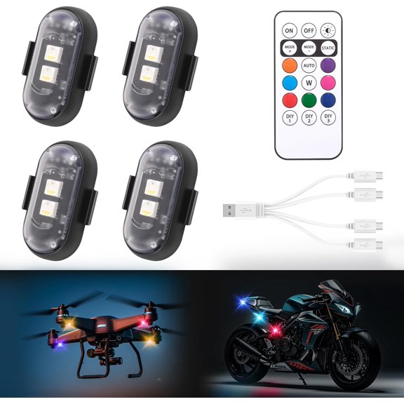 4PCS Wireless Led Strobe Lights, Remote Control, 7 Colors IP65 Waterproof USB High Brightness Anti-Collision for Car Motorcycle Drone