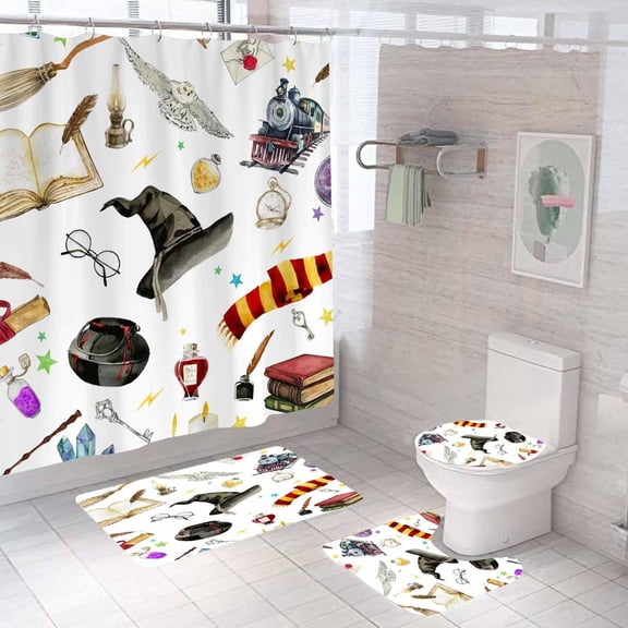 4PCS Witchy Magical Halloween Shower Curtain Sets with Rugs, Waterproof Fabric White Shower Curtain, Witch Funny Magic Book Key Wizard Hat Scarf Broom Owl Teen Boys Girls Kids Bathroom Decor