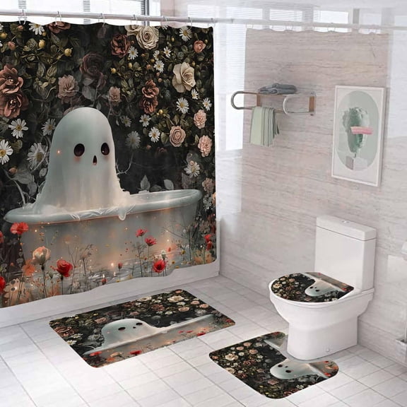 4PCS Witchy Magical Shower Curtain Sets With Rugs, Waterproof Fabric White Shower Curtain Halloween Funny Magic Wizard Hat Scarf Broom Owl Mysterious Spooky Teen Boys Girls Kids Bathroom Decor