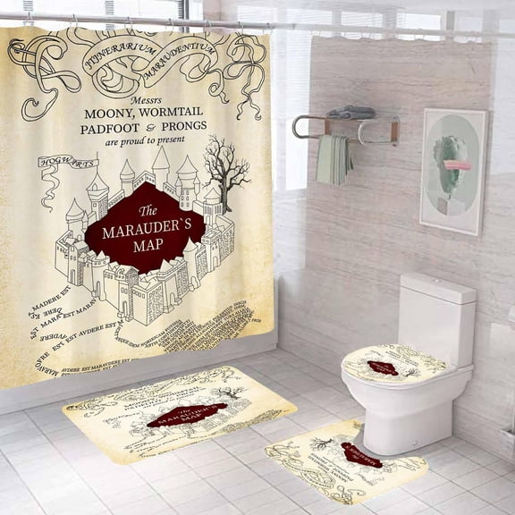 4PCS Witchy Magical Shower Curtain Sets With Rugs, Waterproof Fabric White Shower Curtain Halloween Funny Magic Wizard Hat Scarf Broom Owl Mysterious Spooky Teen Boys Girls Kids Bathroom Decor