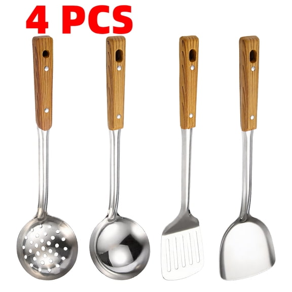 4PCS Wok Spatula Set, Stainless Steel Kitchen Utensils with Heat Resistant Wooden Handle for Carbon Steel Wok & Cast Iron Skillet