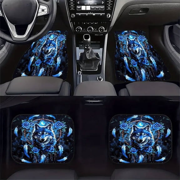 4PCS Wolf Totem Car Floor Mats Set, Crystal Velvet Anti-Slip Floor Liners, Universal Fit for Cars, SUVs & Trucks, Dream Wolf Design, Full Coverage Interior Protection, Easy Clean Car Accessories