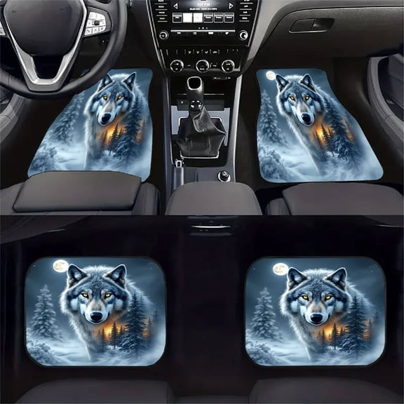 4PCS Wolf Totem Car Floor Mats Set, Crystal Velvet Anti-Slip Floor Liners, Universal Fit for Cars, SUVs & Trucks, Wolf Pack Northern Forest Design, All-Season Interior Protection Car Accessories