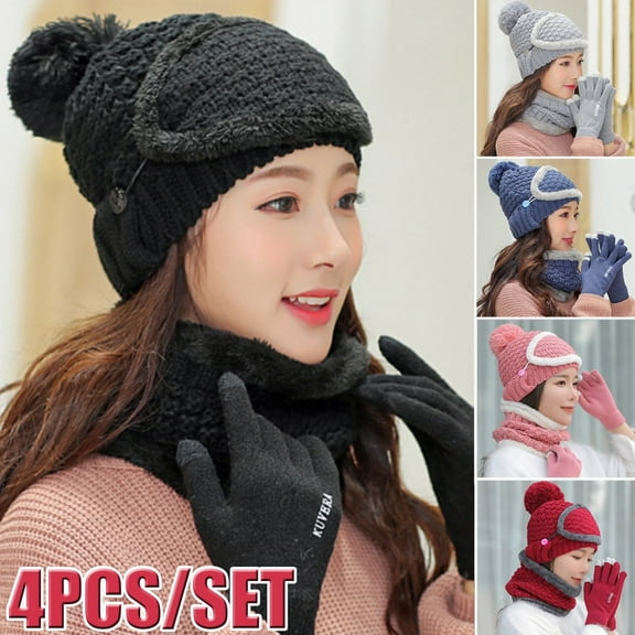4PCS Women Beanie Knit Hat Fleece Lined, Winter Scarf Mask Set, Girls Warm Hat Earmuffs Cap Pom