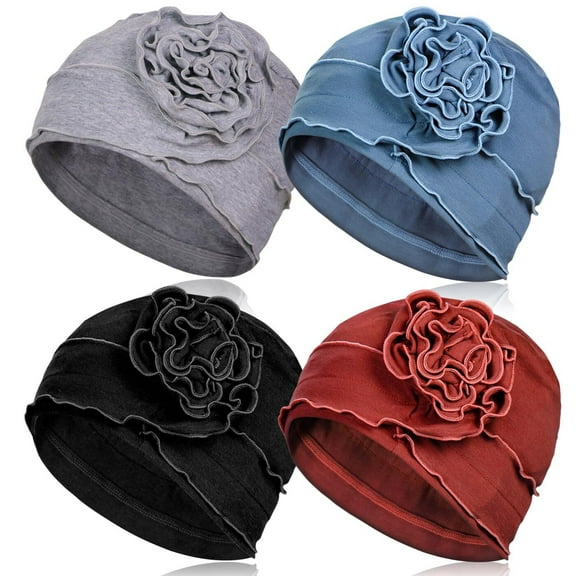 4PCS Women Cotton Chemo Turban Headwear, Soft Cancer Headwear Elastic Cancer Cap