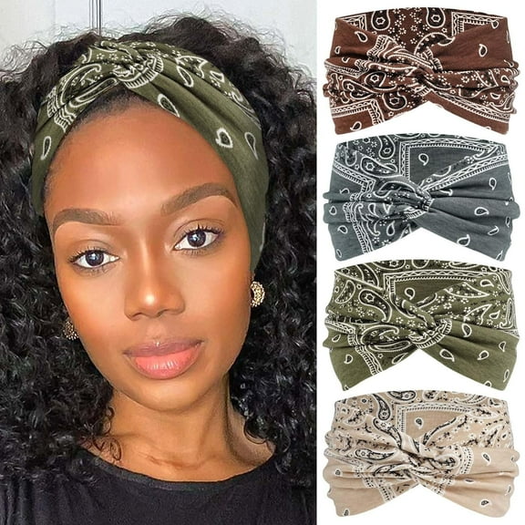4PCS Women Knotted Headband Elastic Head Bands Women's Hair Band Non-Slip Turban Printed Stylish Sport Sweat Hair Wrap for Girls Cute Hair Accessories