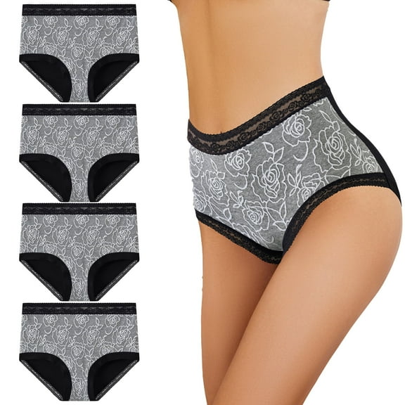 4PCS Women's Cotton Panties Jacquard Lace High Waist Full Covered Women's Panties