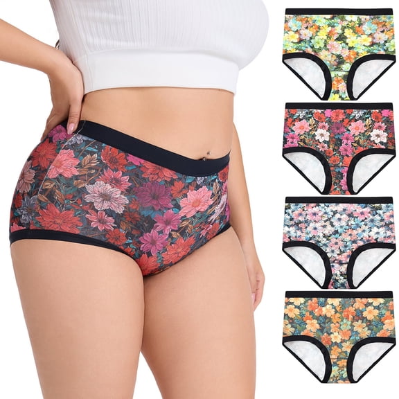 4PCS Women's High-Waisted Plus Size Tummy Control Underwear Soft Lace Hipster Panties for Daily Comfort