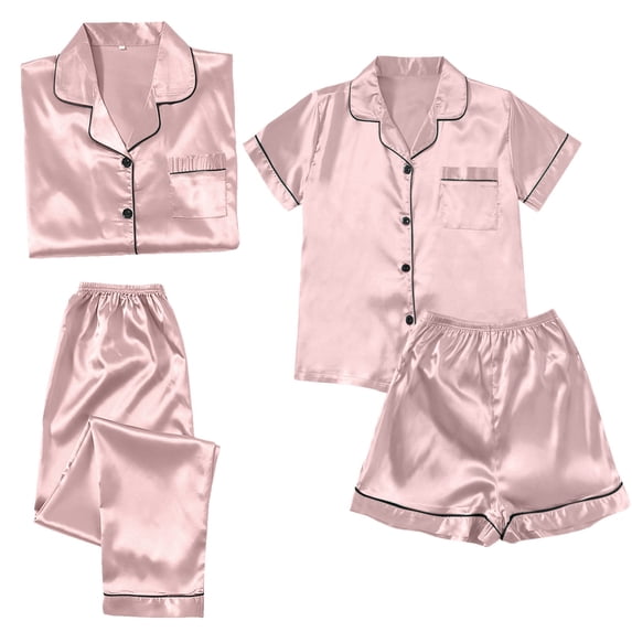 4PCS Women's Pajama Set - Short Sleeve Button Front Top with Lace Shorts - Plus Size Options for Casual Home Wear - Size M-XXXXXL
