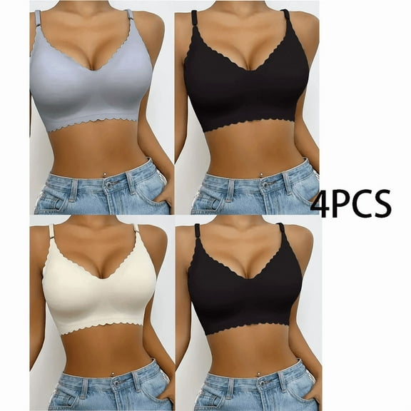 4PCS Women's Scallop V Neck Bra Seamless Adjustable Straps Wireless Bras Everyday Bralette